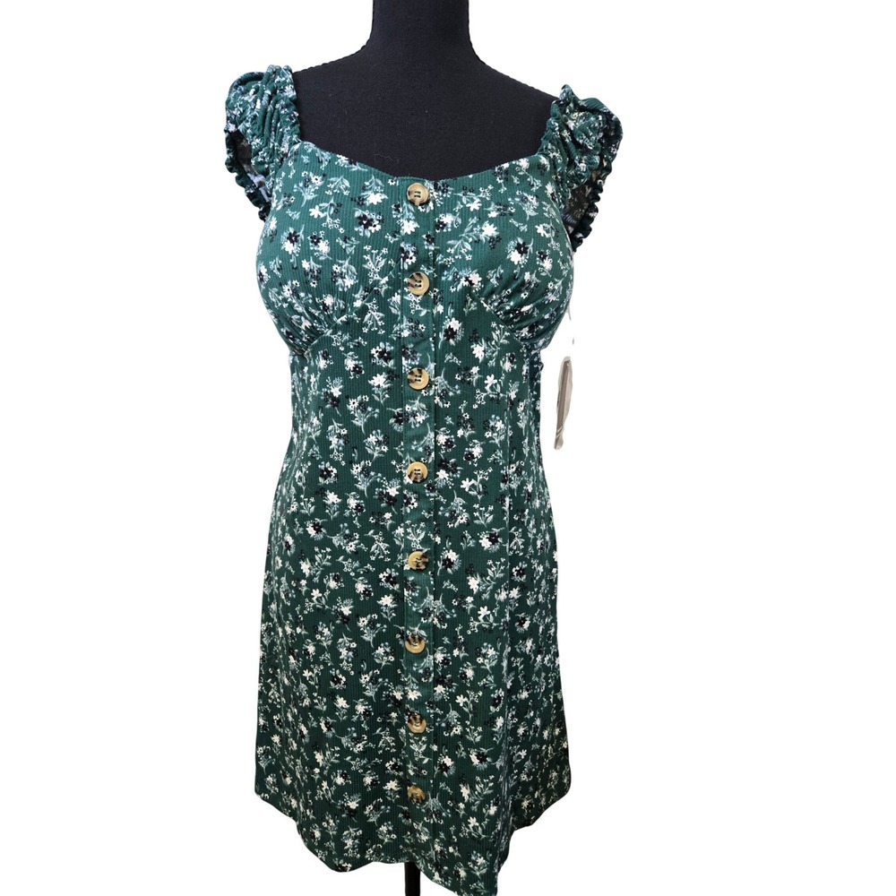 No Boundaries Womens L Floral Swing Dress Evergreen Ribbed Smocked Button NWT